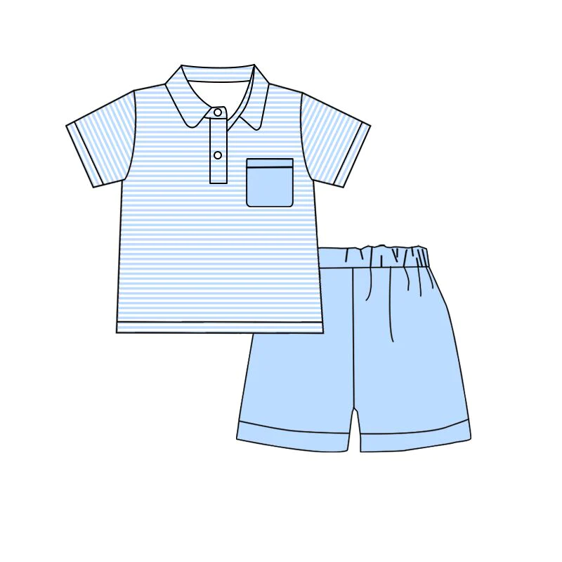 Moq 5 Pre-order Baby Boy Short Sleeves Stripes Shirt Blue Shorts Summer Set