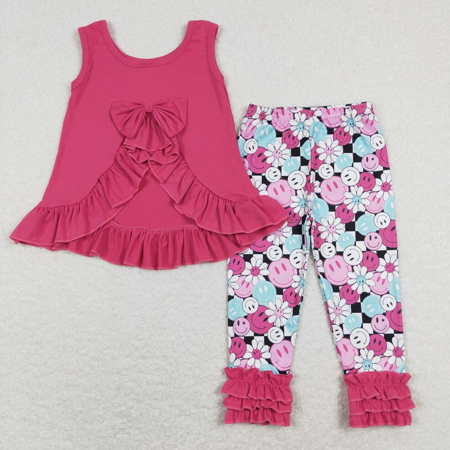 GSPO1098 Baby Girl Cotton Sleeveless Open Back Top Floral Face Ruffle Pants Outfit