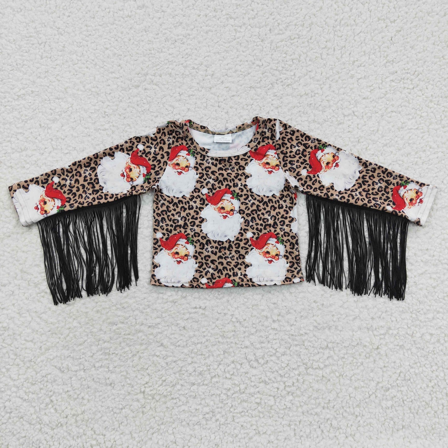 GT0186 Baby Girl Baby Girl Christmas Leopard Long Sleeves Tassel Santa Shirt