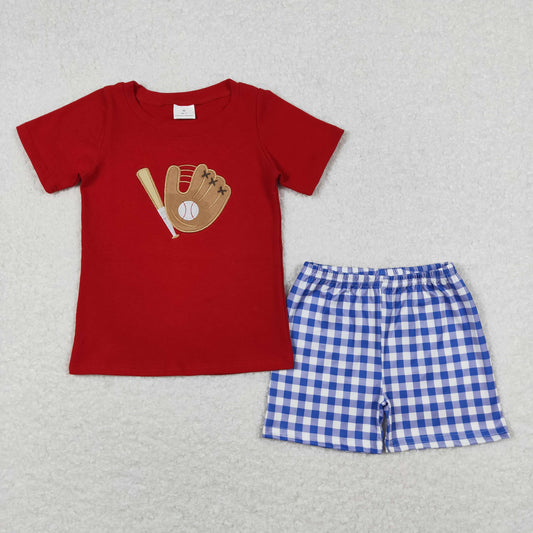 Baby Boy Red Short Sleeves Embroidery Baseball Cotton Shirt Blue Plaid Shorts Set