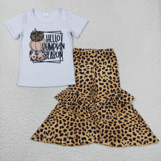 GSPO0836 Baby Girl Short Sleeves Pumpkin Shirt Leopard Pants Fall Outfit