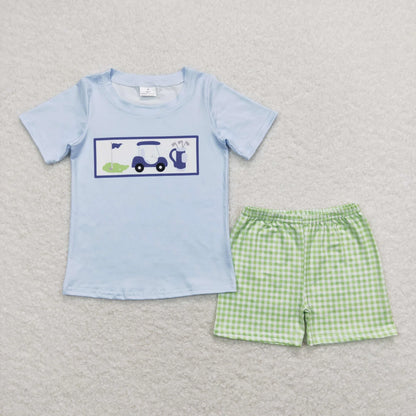 Sibling Baby Boys Kids Golf Green Plaid One Piece Romper Set RTS