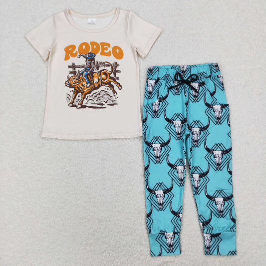 BSPO0308 Baby Boy Short Sleeves Rodeo Shirt Cow Print Pocket Blue Pants Western Set