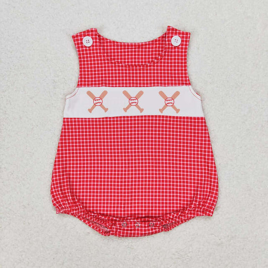baby boy baseball red checkered sleeveless romper