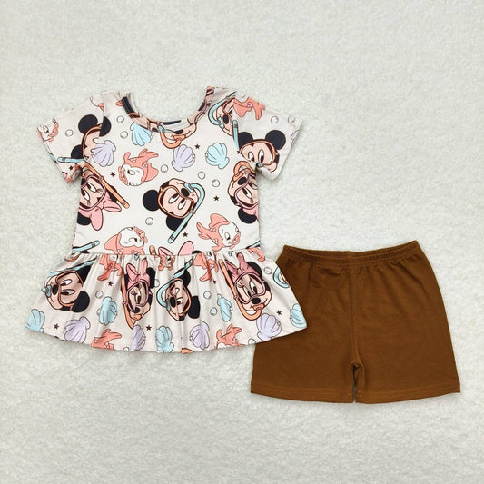 Baby Girl Short Sleeves Mouse Tops Brown Shorts Summer Cartoon Set