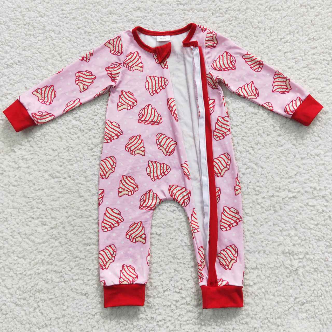 LR0340 Baby Girl Christmas Cake Long Sleeves Zip Pink One Piece Romper