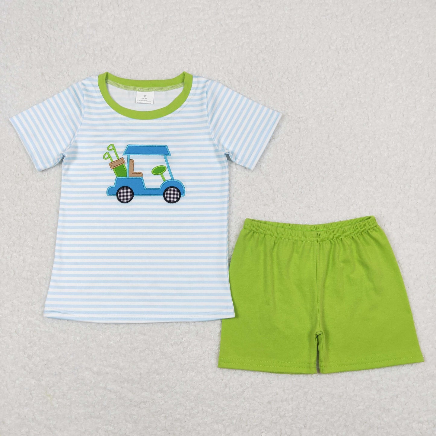 BSSO0394 Baby Boy Short Sleeves Golf Stripes Embroidery Shirt Green Cotton Shorts Summer Set