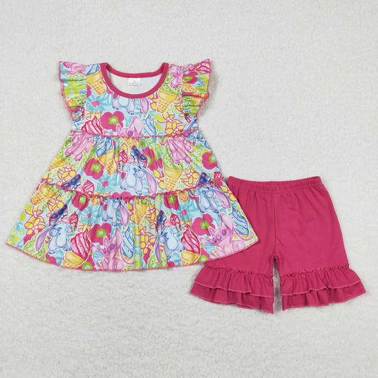 Baby Girl Short Sleeves Popsicle Floral  Cartoon Tunic Pink Cotton Shorts Set