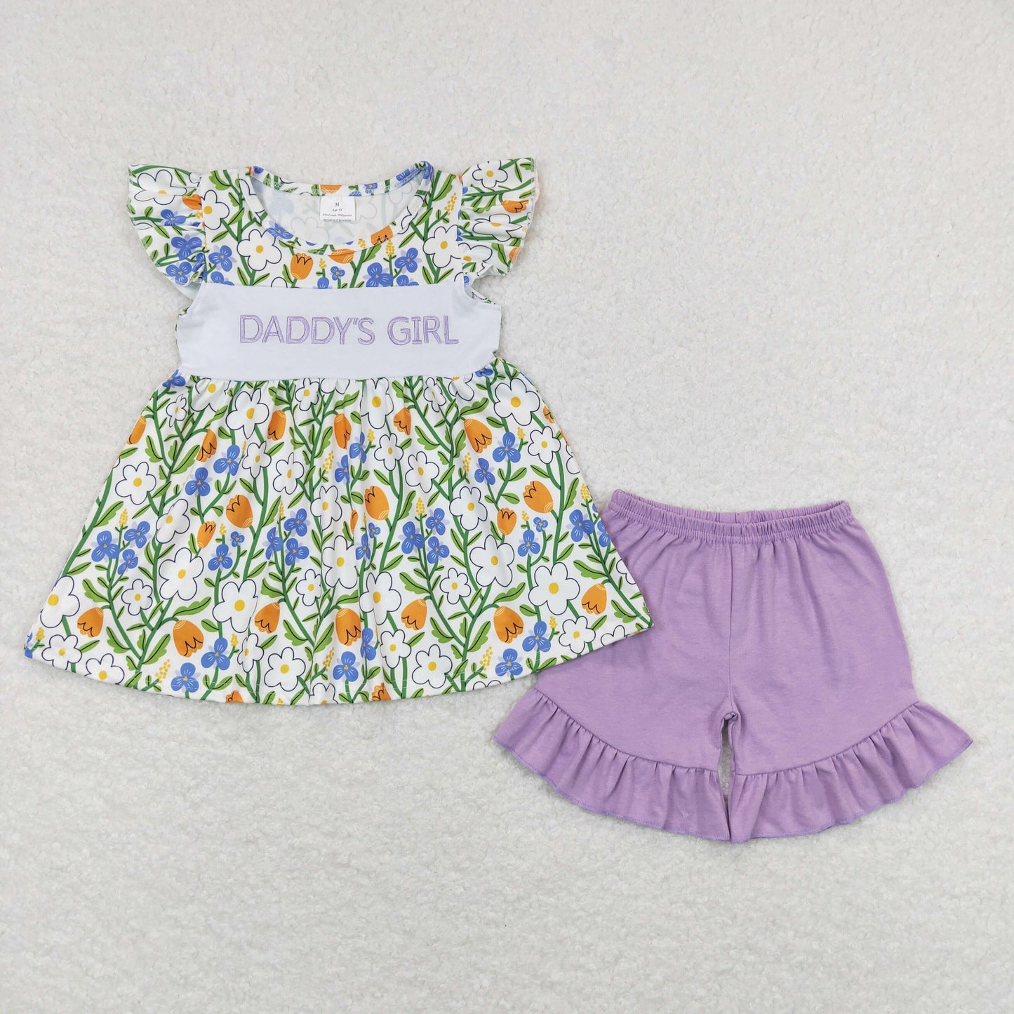 Short Sleeves Embroidery Daddy's Girl Floral Tunic Purple Cotton Shorts Set