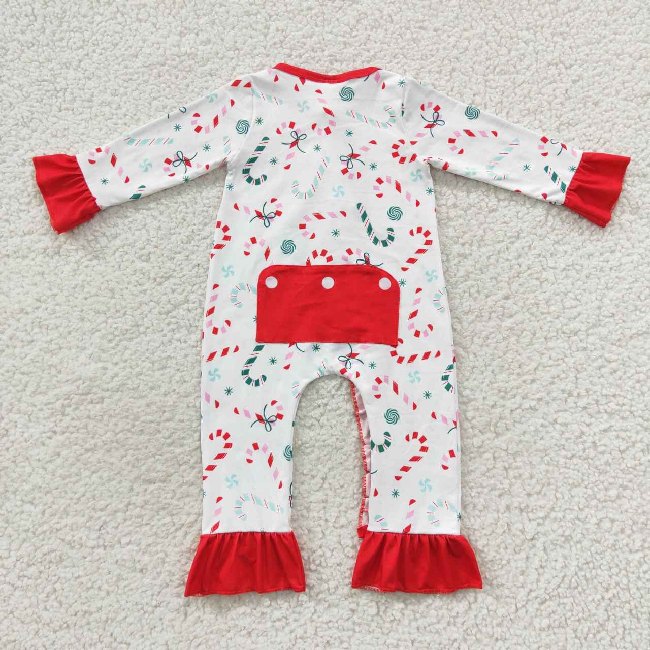 LR0501 Baby Girl Long Sleeves Christmas Candy Cane One Piece Romper