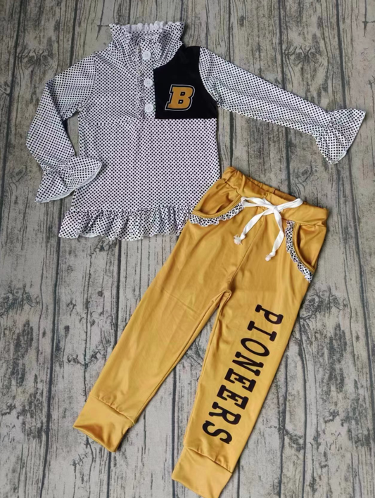 Baby Girl Long Sleeves Dots Shirt Pocket Yellow Pants Team Set