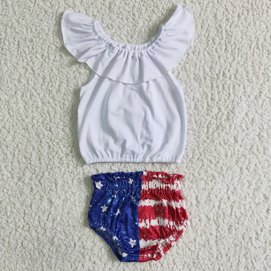 Promotion Baby Girl July 4th White Tops Stars Stripe Bummies Outfit