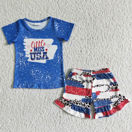 Promotion July 4th Baby Girl Blue Short Sleeves Shirt Shorts Set