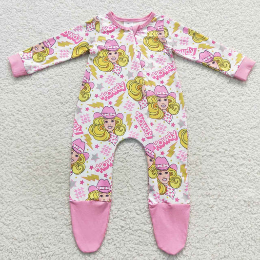 LR0545 Baby Girl Long Sleeves Howdy Pink Doll One Piece Zipper Footie Romper