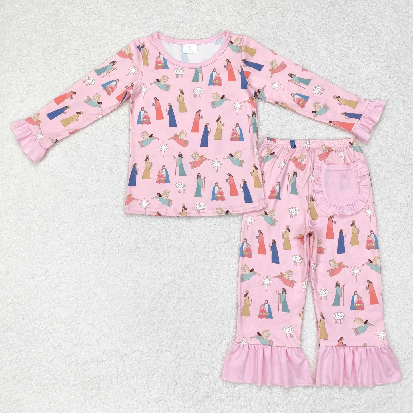 Baby Girl Nativity Christmas Pink Shirt Ruffle Pants Pajamas Set