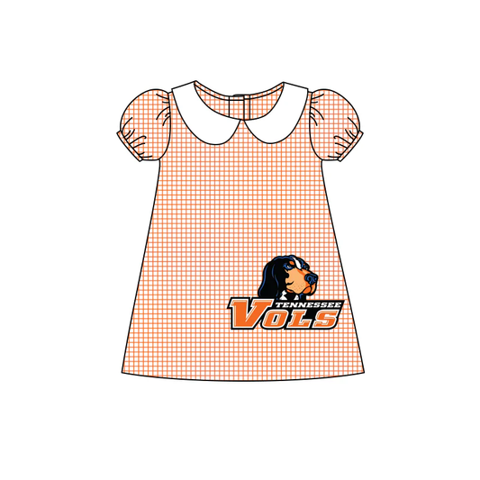 Baby Girl Short Sleeves Dog Orange Plaid Team Dress