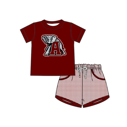 Baby Boy Short Sleeves Elephant Dark Red Shirt Plaid Pocket Shorts Team Set