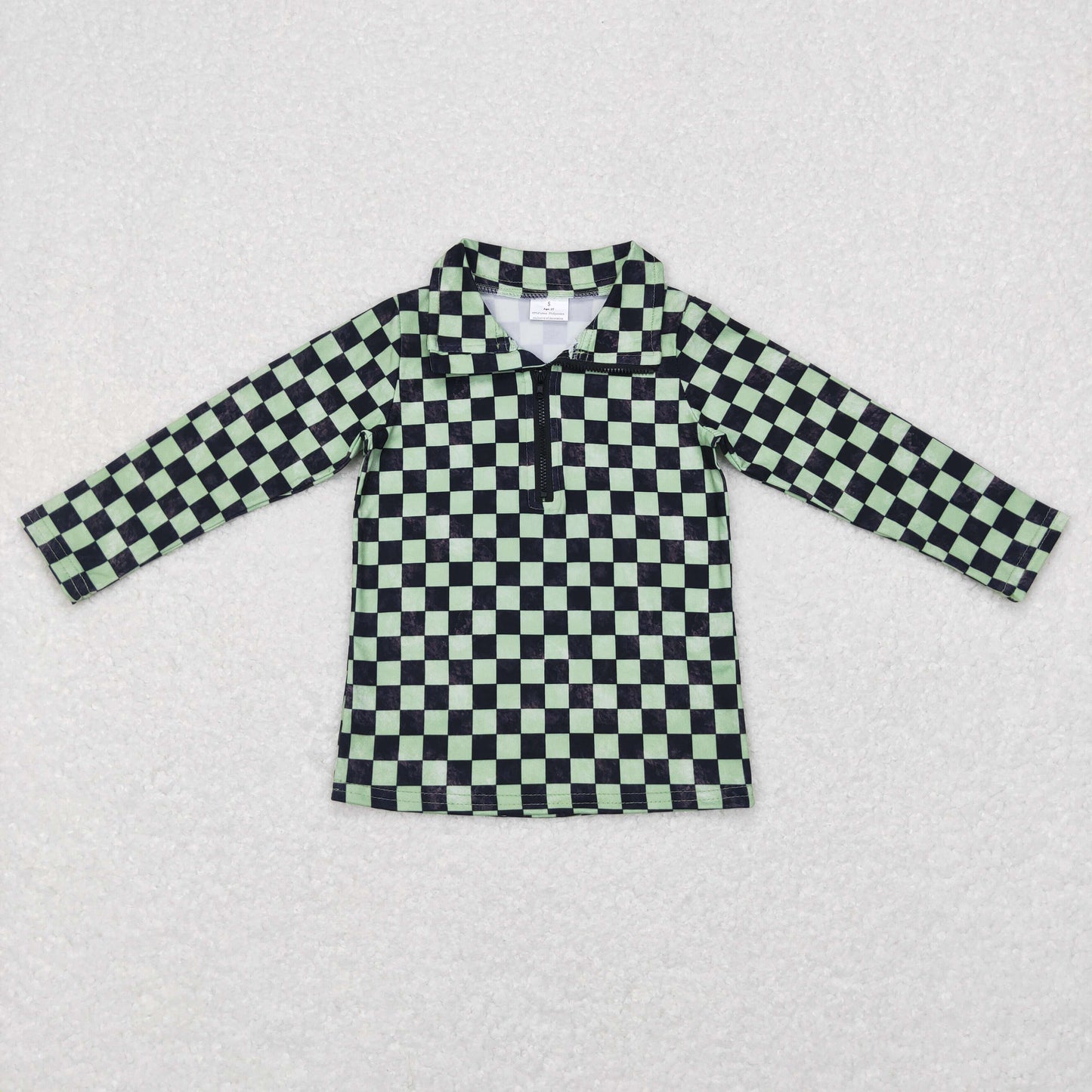 BT0399 Baby Girl Long Sleeves Green Checkered Zipper Shirt