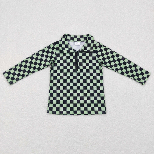 BT0399 Baby Girl Long Sleeves Green Checkered Zipper Shirt