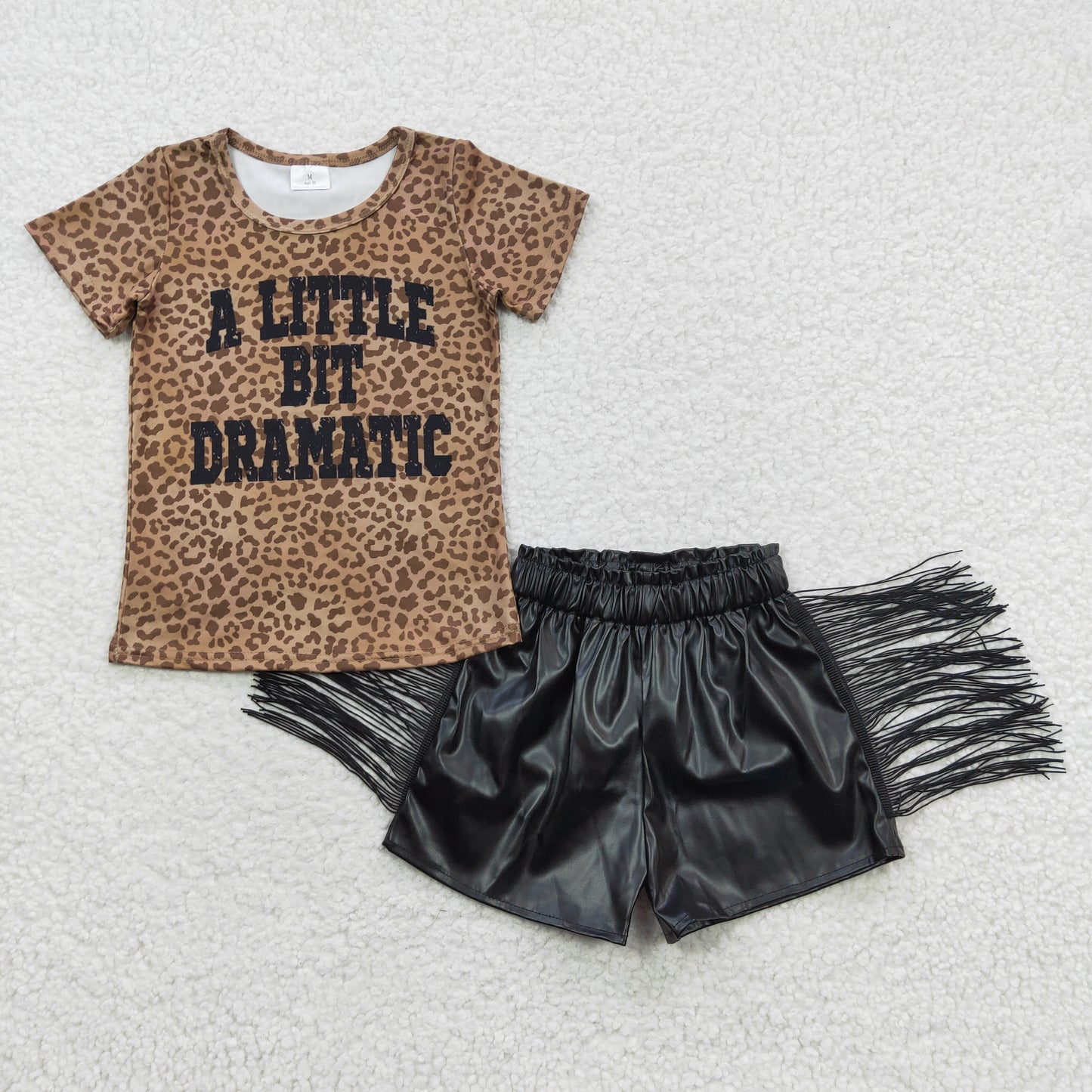 Baby Girl Short Sleeves Leopard Shirt Black Tassel Leather Shorts Summer Outfit