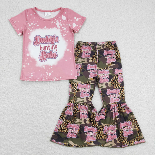 GSPO0922 Baby Girl Short Sleeves Daddys Hunting Shirt Camo Leopard Bell Pants Set