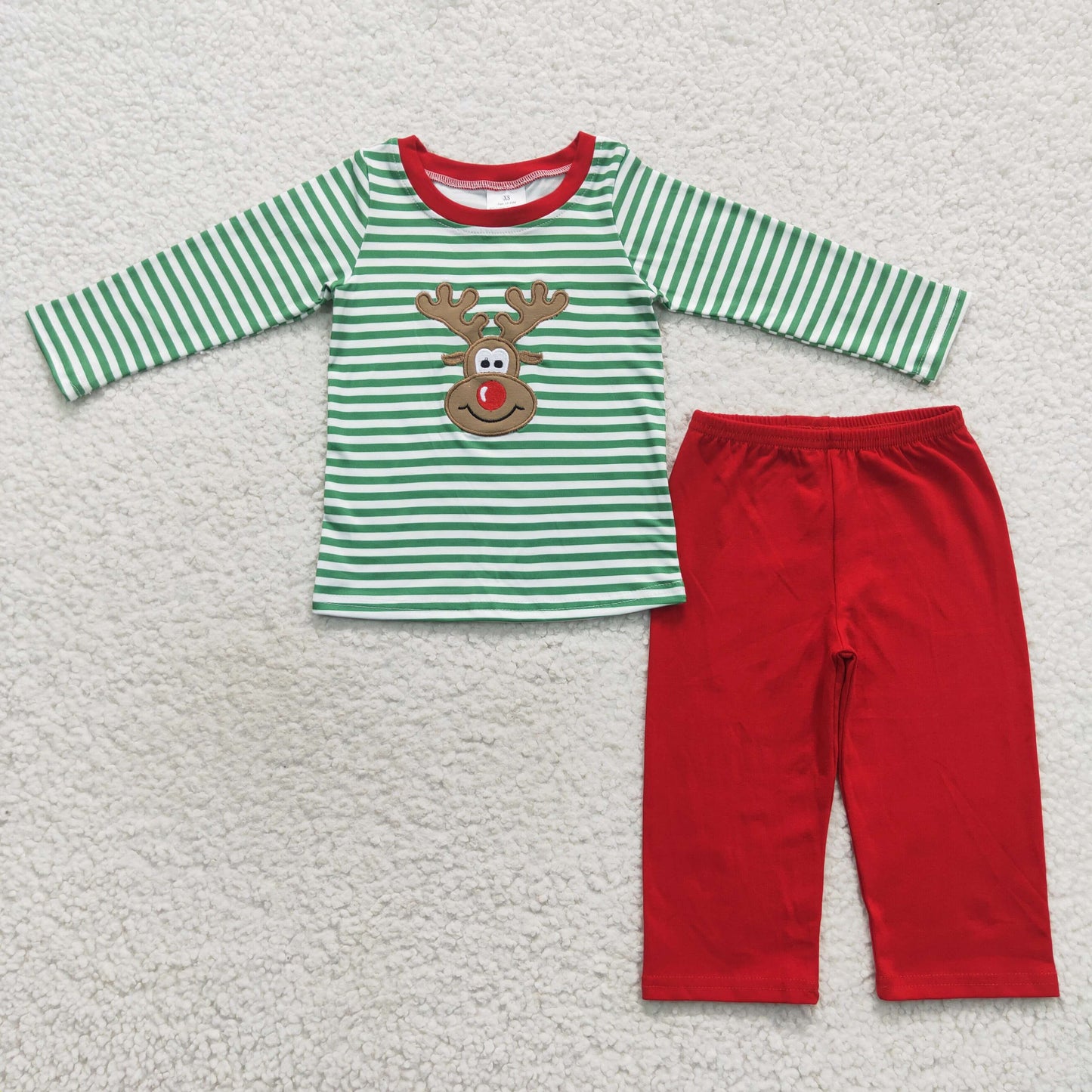 GLP0451 Baby Girl Long Sleeves Shirt Red Pants Embroidery Christmas Deer Green Striped Outfit Pajamas