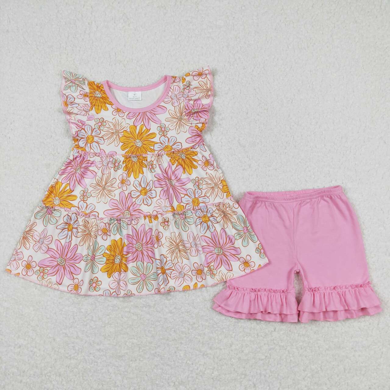Baby Girl Short Sleeves Floral Tunic Cotton Light Pink Ruffle Shorts Set