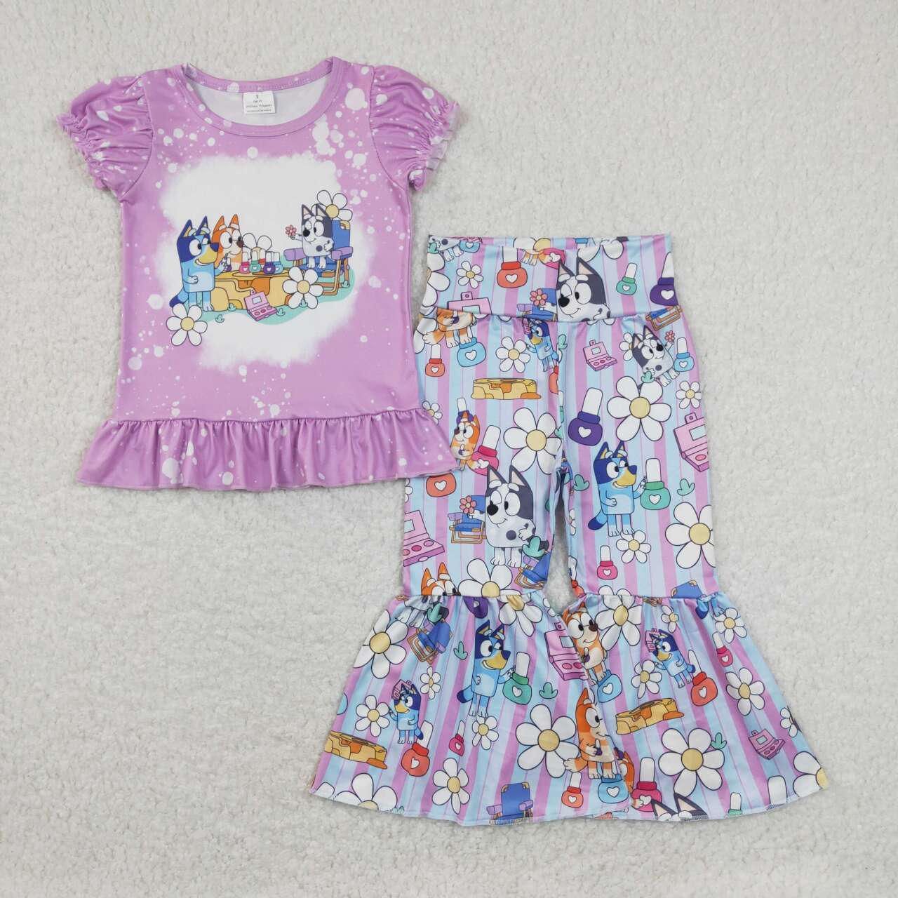 GSPO1376 Baby Girl Short Sleeves Purple Shirt Dogs Floral Bell Pants Set