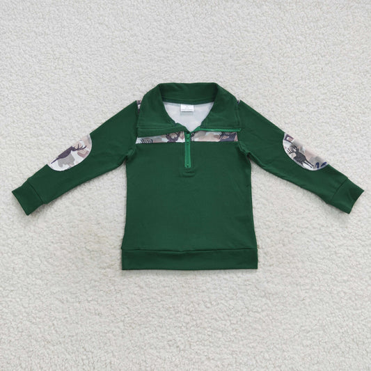 BT0277 Baby Boy Reindeer Camo Long Sleeves Green Pullover Zipper Shirt