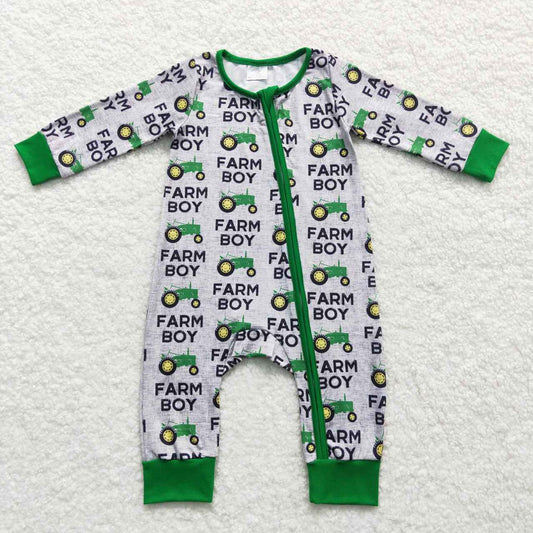 LR0688 Baby Boy Long Sleeves Farm Boy Tractor Zipper One Piece Romper