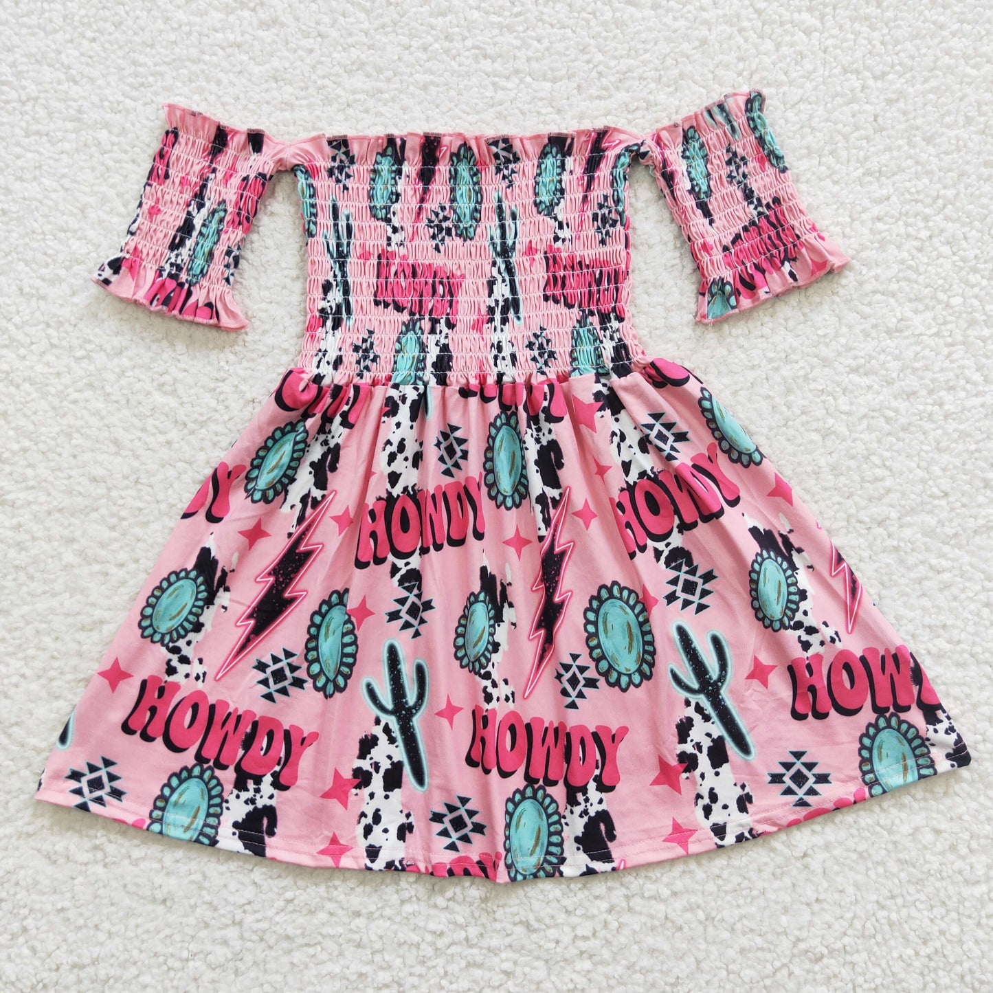 GSD0388 Summer Baby Girl Short Sleeves Smocked Howdy Cactus Western Dress