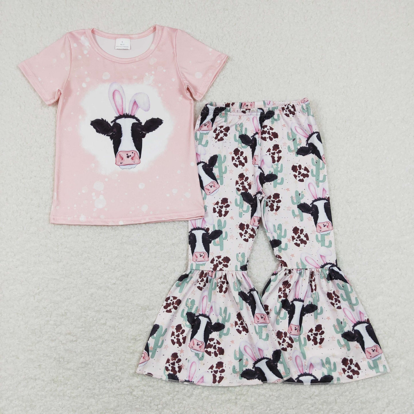 GSPO1152 Easter Baby Girl Short Sleeves Cow Shirt Cactus Bell Pants Set