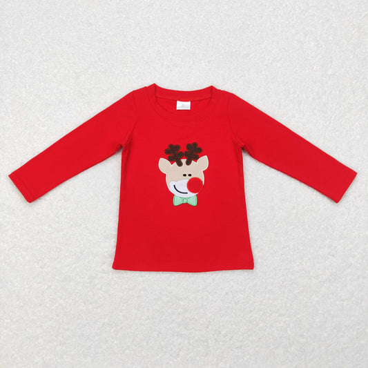 BT0257 Baby Girl Red Long Sleeves Embroidery Christmas Reindeer Shirt