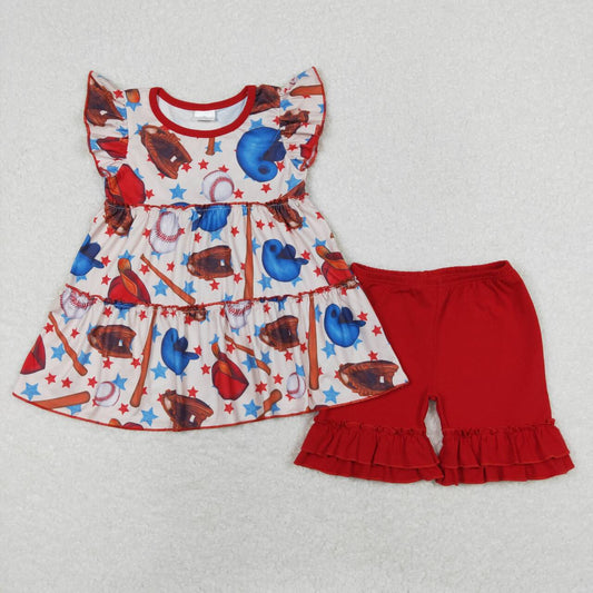 Baby Girl Short Sleeves Baseball Tunic Red Ruffle Cotton Shorts Summer Set
