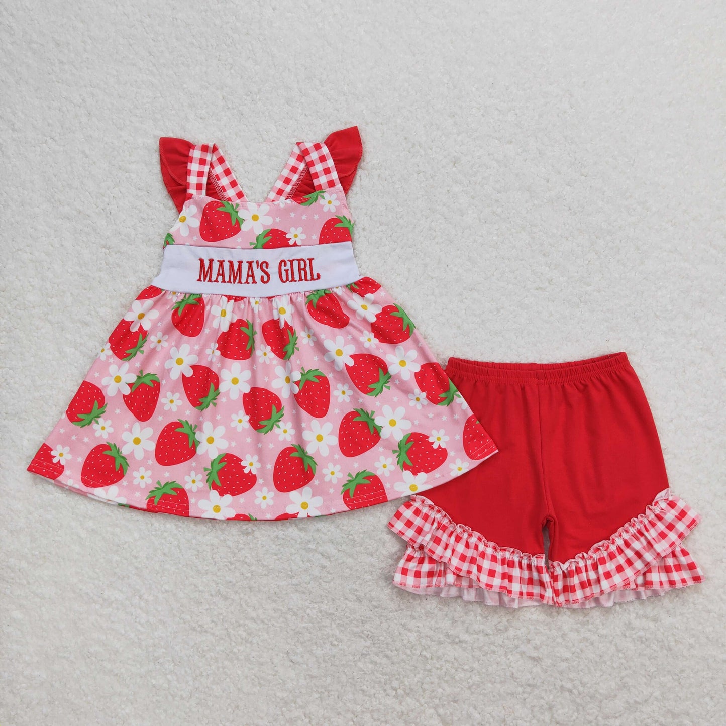 Mama's Girl Embroidery Strawberry Floral Tunic Ruffle Shorts Set
