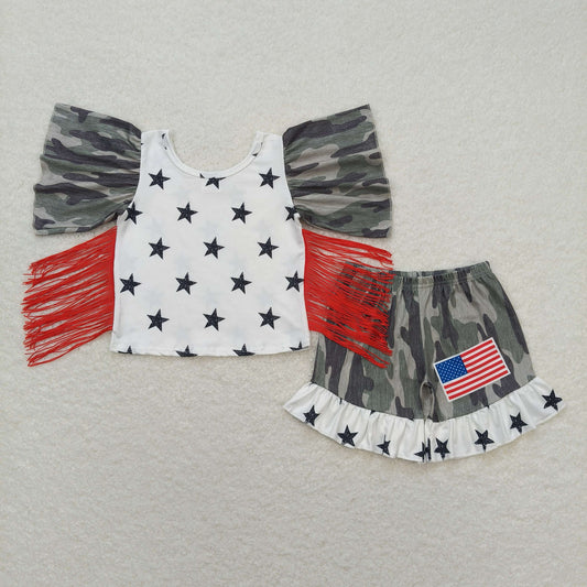 Baby Girl Short Sleeves Stars Tassel Tops Camo Shorts Set