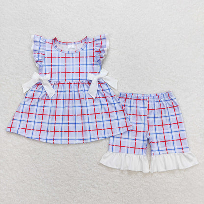 Baby Girls Summer Short Sleeves Blue Plaid Tunic Shorts Set