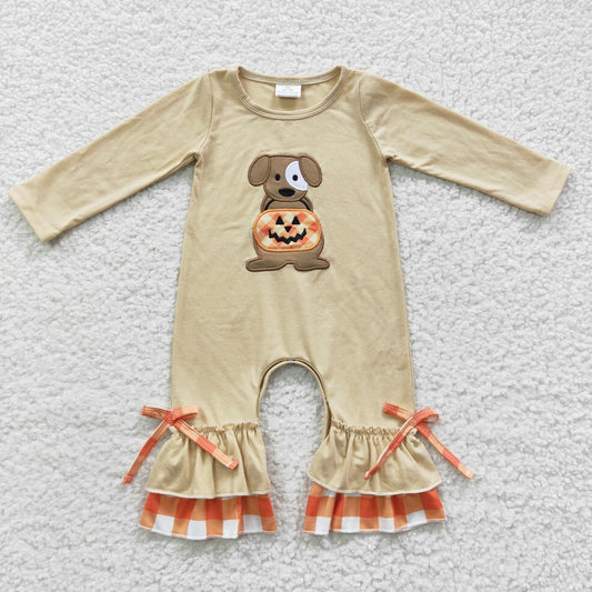 LR0290 Halloween Baby Girl Long Sleeves Embroidery Pumpkin Dog Ruffle Romper