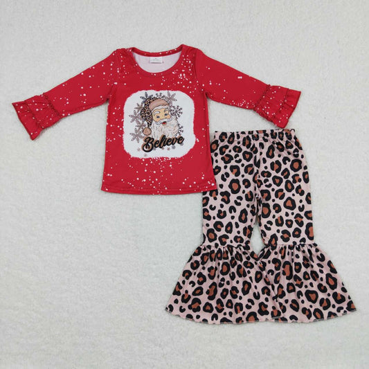 GLP0862 Baby Girl Long Sleeves Christmas Santa Red Shirts Leopard Bell Pants Outfit