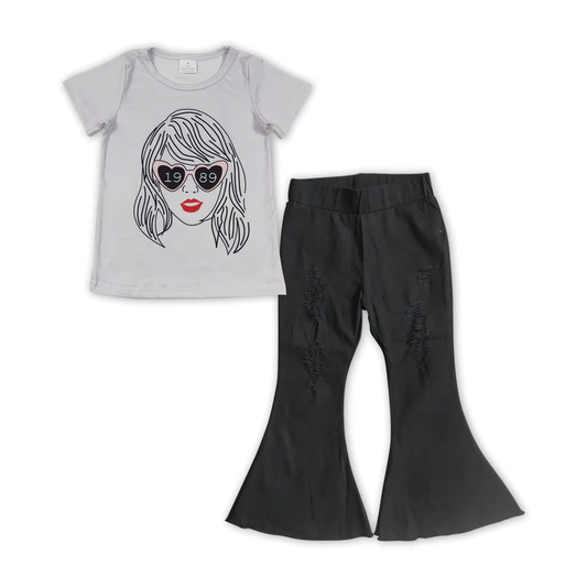 GSPO1472 Baby Girl Short Sleeves Singer Shirt Black Denim Bell Pants Set