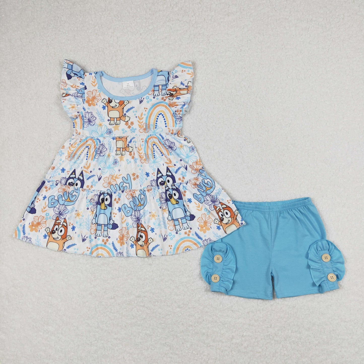 Baby Girl Dogs Rainbow Floral Tunic Blue Cotton Shorts Summer Set