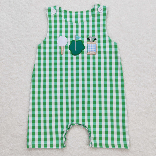 Baby Boy Sleeveless Embroidery Golf Green Plaid One Piece Romper