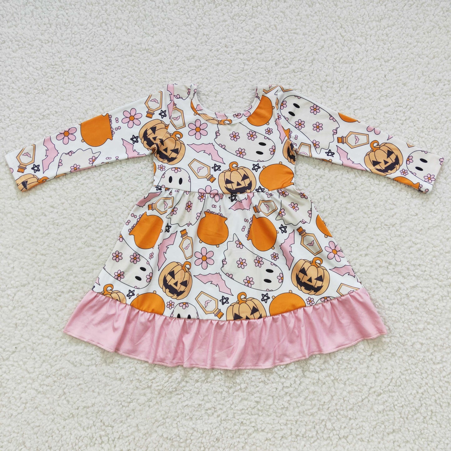 GLD0244 Baby Girl Long Sleeves Halloween Ghost Pumpkin Floral Dress