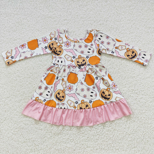 GLD0244 Baby Girl Long Sleeves Halloween Ghost Pumpkin Floral Dress