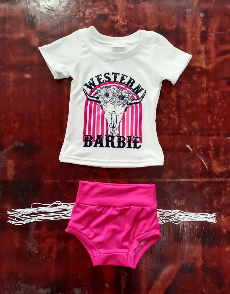 Baby Girl Short Sleeves Western Cow Pink Bummie Outfit Moq 5