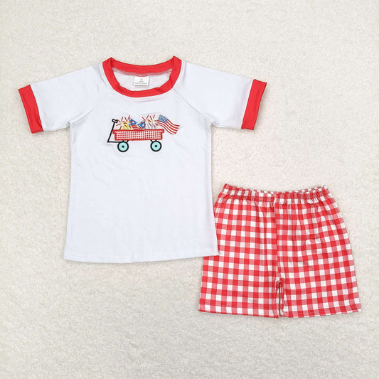 Baby Boy Short Sleeves Embroidery Flag Shirt Plaid Shorts July 4th Set