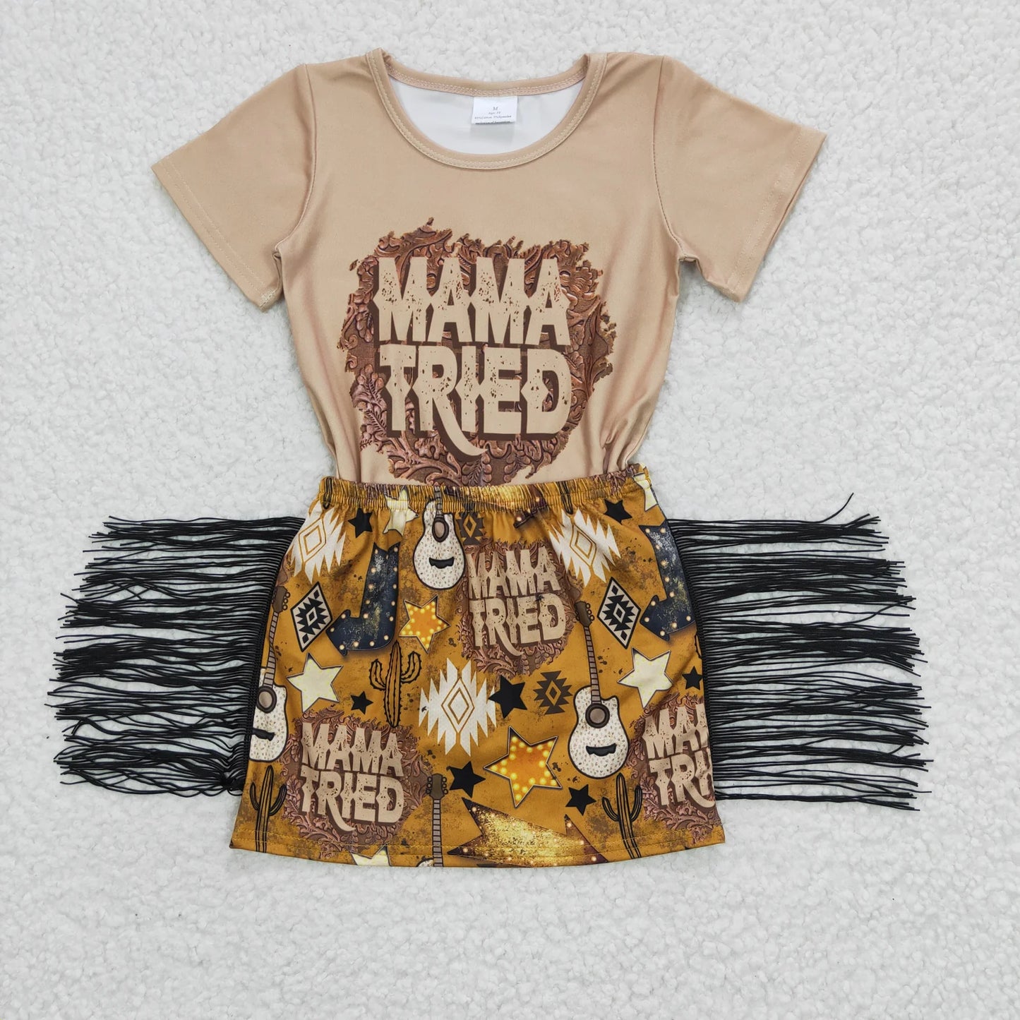 Promotion Baby Girl Summer Short Sleeves Mama Tried Tassel Skirt Western Outfit RTS