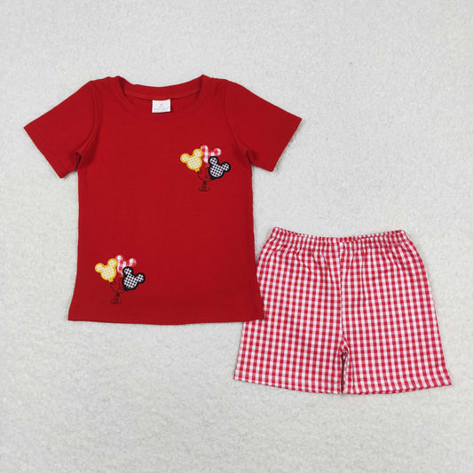 Baby Boy Short Sleeves Embroidery Red Shirt Plaid Shorts Mouse Set