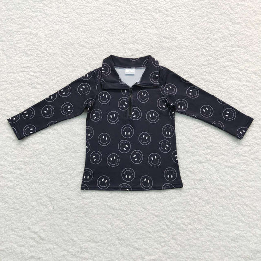 BT0398 Baby Kids Black Long Sleeves Smile Pullover Zipper Shirt