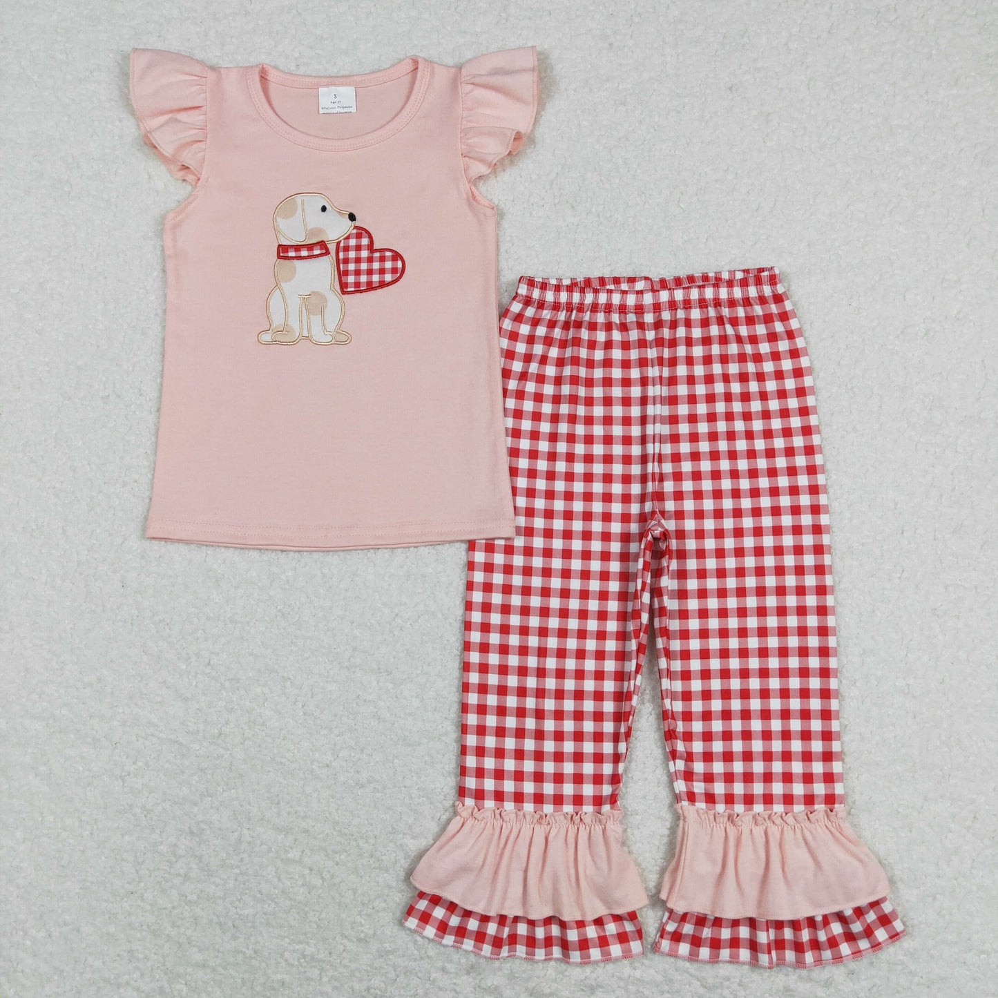 BSPO0269 Baby Boy Short Sleeves Valentine's Embroidery Dog Heart Shirt Red Plaid Pants Set Pajamas